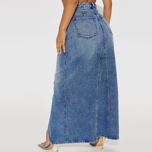 Nueva moda de algodón de moda 5 bolsillos abertura frontal Casual Denim Maxi falda/venta al por mayor de cintura alta mujeres lavado medio OEM - Product Image 2