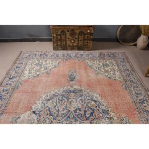 Vintage Rug, 7.2x10.7 ft Turkish Rug, <b>Red</b> Blue Striped <b>Wool</b> Rug - Product Image 4