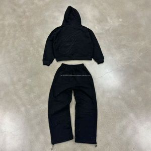 High Quality Sweatsuit Manufacturers Oversized <b>Black</b> Embroidered <b>Hoodie</b> and Jogger Two Piece Set Rhinestone Tracksuit <b>Men</b> - Product Image 2