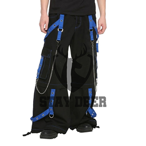 Gothic Cargo Pants Wide Leg Trousers Black Blue Chain Strap Mid Waist Breathable Streetwear for Men - Product Image 1