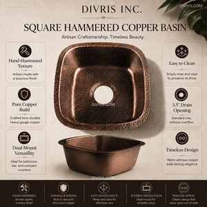 Fregadero de Cocina de Lujo DIVRIS, Hecho a Mano, de Cobre Martillado, Personalizado, de un Solo Tazón, Cuadrado, con Acabado Pulido, Diseño Moderno, 15x15 - Product Image 3