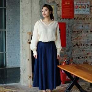 Elegant Linen A-Line Midi <b>Skirt</b> Long Pocket Rayon Woven XS Size High Waist Casual <b>Plaid</b> Natural Waistline Breathable - Product Image 2