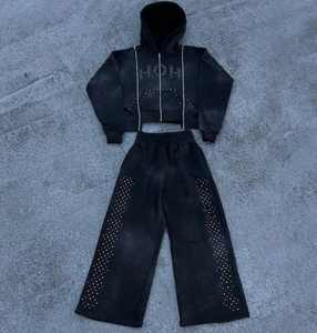 Custom Men Winter Fleece Jogger Sets Vintage Cotton Acid Wash Tracksuit Embroidery <b>Applique</b> Regular Fit Drawstring Hoodie - Product Image 1