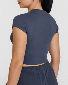 Camiseta de algodón 100% para mujer con logotipo personalizado OEM, azul verdadero, informal, elegante, de diseñador, ajuste relajado, ligero, transpirable, gimnasio, Verano - Product Image 5