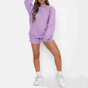 Conjunto de sudadera y pantalón corto informal de color sólido y manga larga con cuello redondo para mujer, venta al por mayor, 2025 - Product Image 5