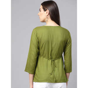 Haut en satin rayonne verte pour femmes taille XL brodé Logo/motif col montant tissu tissé Long formel printemps Blouses et chemises - Product Image 4