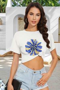 Tops cortos de invierno para mujer, blusa informal de manga corta, ajuste holgado, cómoda Camiseta de algodón/poliéster/Rayón/LICRA transpirable - Product Image 3