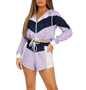 Custom Wholesale <b>Women</b> <b>Windbreaker</b> 2 Piece Set Color Block Cropped Hooded Jacket and Shorts Tracksuit Sportswear Athleisure - Product Image 5