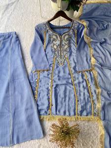 <b>Indian</b> Traditional Designer Pure Chinon Heavy Sequence Embroidery Work Golden Coin Lace Top and Palazzo With Lace Border Dupatta - Product Image 3