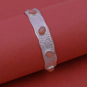 Peach Moonstone Geometric Textured Handmade Adjustable Brass Cuff <b>Bangle</b> <b>Silver</b> Gold Plating Trendy Statement Unisex <b>Bracelets</b> - Product Image 1