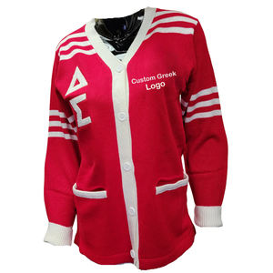 Personnalisé DST sororité cramoisi et blanc cardigan pied de poule femmes chandails pull tricoté avant logo broderie bouton décontracté - Product Image 1