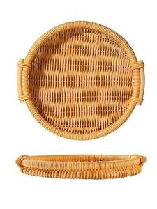 Bandeja de servicio de yute de ratán decorativa hecha a mano con acabado de incrustaciones de hueso Juego de 3 bandejas de servidor de alimentos de forma redondeada - Product Image 4