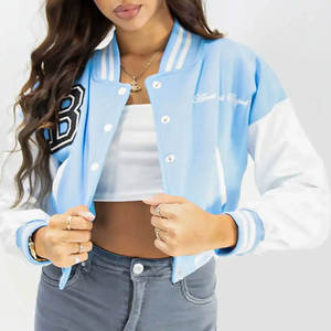 Stylish Women's Crop Long Sleeve Varsity Jacket Trending Casual Coat with Warm Wool Lining Custom Printed Woven <b>Fabric</b> - Product Image 6