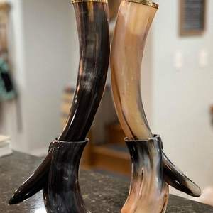 Soporte de cuerno para beber vikingo de estilo animal tallado pulido artesanías naturales con borde de latón para decoración del hogar - Product Image 1