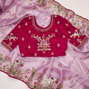 Sari de Seda Organza Pura con Bordado de Hilo Zari y Lentejuelas, Estilo Indio, Blusa Larga para Mujer, para Bodas y Fiestas - Product Image 3