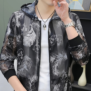 แจ็กเก็ตมีฮู้ดสำหรับผู้ชายน้ำหนักเบามีซิปรูดลายดอกไม้และใบไม้โพลีเอสเตอร์ระบายอากาศได้ดีในฤดูร้อน - Product Image 5