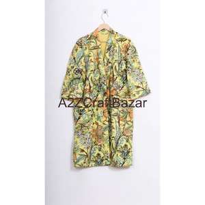 Indian Vintage Kantha <b>Stitch</b> Robe Quilted Cotton Kimono Night Wear <b>Dress</b> Bikini Cover-Up Retro Style Women's Sleepwear Floral - Product Image 1