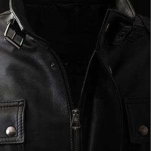 Veste en cuir véritable noire à col mandarin pour homme avec doublure en tissu coupe-vent et fermeture à glissière vestes grande taille pour hommes - Product Image 3