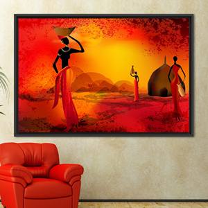 Tableau sur toile imprimé Paysage africain abstrait avec femme noire élégante, 1P : encadré noir - Product Image 1