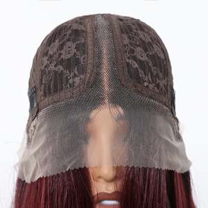 Perruque synthétique naturelle DWY avec longue vague bordeaux foncé, noire naturelle, tissée à la main, raie au milieu, dentelle transparente sur le devant - Product Image 5