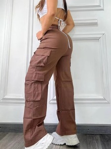 Vente chaude femmes décontracté couleur unie Cargo pantalon multi-poches salopette coupe ample mi-taille pantalon de survêtement - Product Image 6