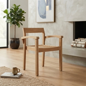 Solid Teak Wood Garden <b>Armchair</b> Slatted Seat Curved Armrest Natural Finish Outdoor Patio <b>Dining</b> Side Chair Setup Art Decor - Product Image 4