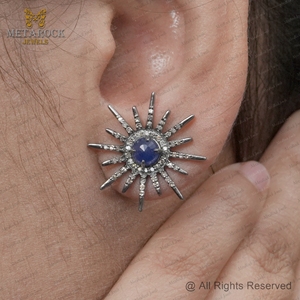 Champagne diamant bleu saphir pierre précieuse oxydé 925 argent pavé diamant Starburst boucles d'oreilles bijoux - Product Image 4