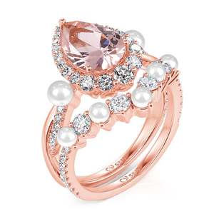แหวนแต่งงานเจลิยา ทวิสท์ ฮาโล เพียร์ประดับมอร์แกไนต์และมุก - Product Image 3