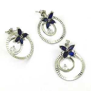 Ensemble de boucles d'oreilles et bague en argent 925 avec saphir bleu en forme de fleur, bijoux minimalistes pour femmes, ensembles de bijoux fins, cadeau - Product Image 2