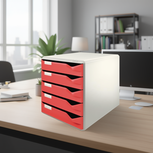 Leitz Extra-Wide DIN A4 <b>Paper</b> & Media Box with 5 Drawers Light Grey Housing and <b>Red</b> Drawers - Product Image 3
