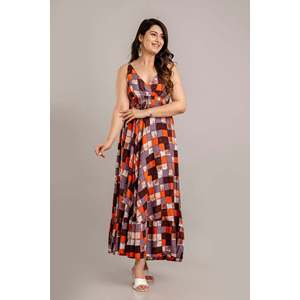 SHKUP1368 Robe maxi ajustée et évasée sans manches à imprimé multi-géométrique - Product Image 1