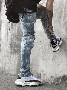 กางเกงยีนส์สำหรับผู้ชายกางเกงยีนส์ทรงตรงผ่าข้างแบบผ่าข้างเอวสูงฟอกสีแบบผ่าข้าง - Product Image 4