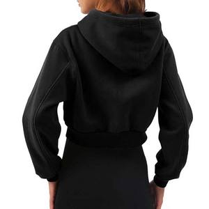 Fashionable Cropped <b>Hoodie</b> For Streetwear Relaxed Fit Fleece Warm Solid <b>Black</b> Color <b>Womens</b> Cropped <b>Hoodie</b> - Product Image 2