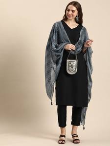 Mujeres Sólido negro Regular poliéster Kurta con Pantalones y Impreso Dupatta indio Pakistán Salwar kameez - Product Image 5