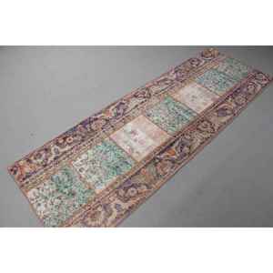 Alfombra Turca Vintage, Alfombra de Pasillo de 2,6x7,8 pies, Alfombra con Puntos Azules y Rojos - Product Image 4