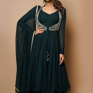 2023 dernière robe Anarkali Plazo avec belle dentelle de broderie indienne et pakistanaise et décoration de boutons pour la fête et le mariage - Product Image 1