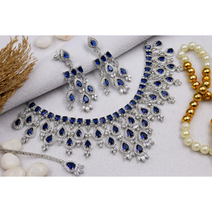 Kiara AD <b>Blue</b> <b>Necklace</b> Set with Maangtika Fine Bridal Jewelry Featuring Zircon Pearl Stainless Steel Copper for Wedding Gift - Product Image 1