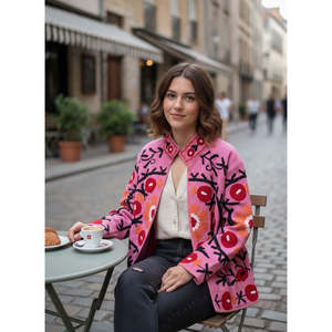 The Anaar Bagh Reversible Quilted Suzani Embroidered Cotton <b>Jacket</b> Blush Pink with Crimson Florals Custom Logo Bomber for Spring - Product Image 5