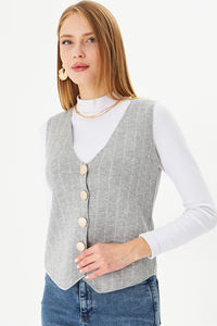 Gilet en tricot rayé décontracté pour femme, col en V, avec boutons, vêtement d'extérieur - Product Image 4