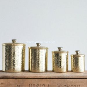 Pure Brass Material Embossed Designing Gold Plated Modern Tea Coffee <b>Canister</b> Kitchen Ware Tin Pots <b>Set</b> Of 3 Stylish Tin Pots - Product Image 4