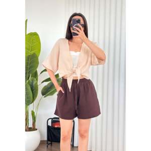 Kimono court en mousseline beige à nouer devant - Bleu ciel - Product Image 3
