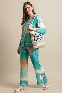 Conjunto de algodón 100% de alta calidad, verde, blanco, estampado abstracto, dos piezas, estilo Kurta, Top informal con cuello y Pantalón recto - Product Image 6