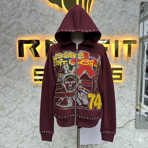 Nouveau arrivé, meilleur prix, qualité durable, sweat à capuche zippé avec fermeture éclair, sweat à capuche en molleton pour homme, streetwear, lavage à l'acide, avec strass - Product Image 3