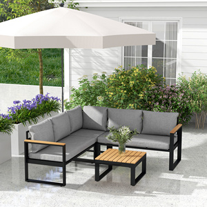 Pour salon de jardin avec 2 canapés siège d'angle dessus de table à lattes bois naturel et aluminium bois plastique Composite gris - Product Image 2