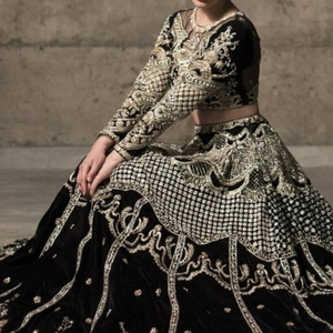 BRIDAL HEAVY ZARI--EMBROIDERY WORK on BLACK <b>BLOUSE</b> & LEHENGA DRESS Embellished WITH CRYSTAL GLASS BEADS,STONE,DABKA Work @ 2023 - Product Image 1