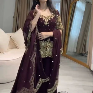 Salwar Kameez Especial para el Invierno, Ramadán y Eid, Venta al por Mayor, Manga Larga, Georgette Sintético, con Bordado Moderno y Elegante - Product Image 1