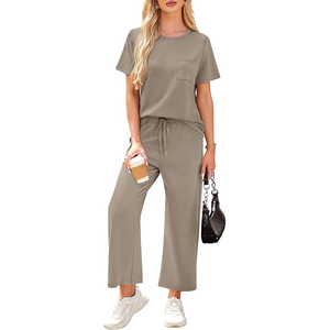 เทอร์รี่ผสมผ้าฝ้ายน้ำหนักเบาสำหรับผู้หญิงคุณภาพสูงชุดเสื้อผ้า2ชิ้นทรงหลวมเข้ารูปสบายๆลายพื้นสำหรับฤดูใบไม้ผลิ/ฤดูร้อน - Product Image 3