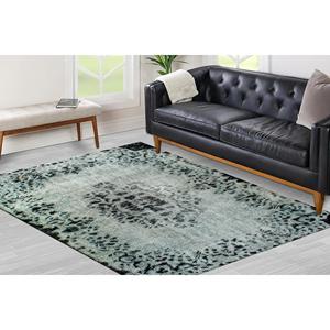 Tapis ethnique persan, tapis antidérapant noir à motifs médaillon, tapis imprimé, tapis fin non tissé - Product Image 1