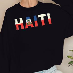 Sweat-shirts décontractés pour femmes à col rond, imprimés par transfert thermique, avec éléments du drapeau d'Haïti, 100% polyester - Product Image 2