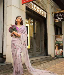 Evergreen Designer Outfit Style moderne Meilleur chemisier Saree en satin organza doux avec fabricant de travaux d'impression à la main de fleurs d'Inde - Product Image 2